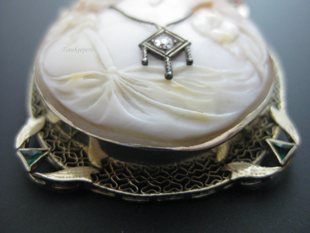 g279 Stunning Vintage 14kt White Gold Cameo Brooch with Emeralds and a Diamond