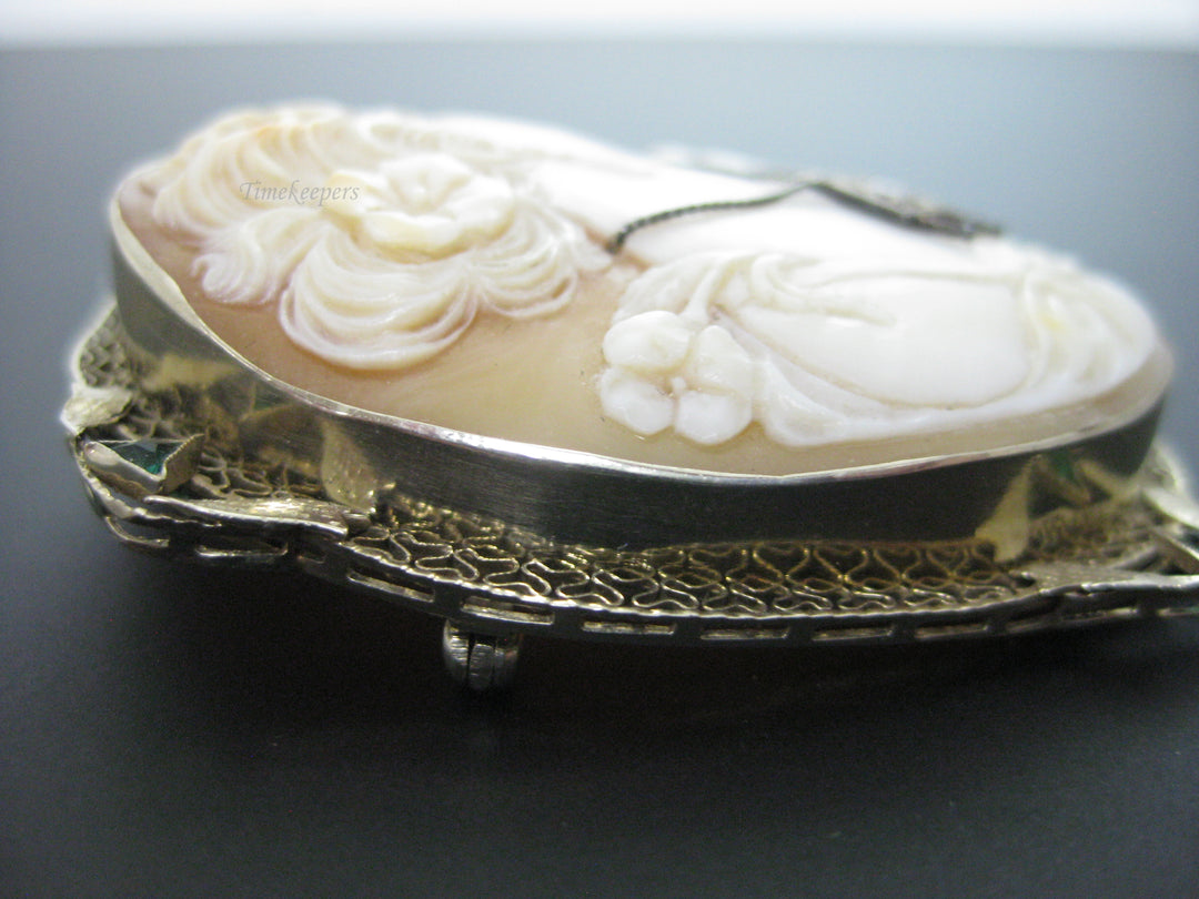 g279 Stunning Vintage 14kt White Gold Cameo Brooch with Emeralds and a Diamond