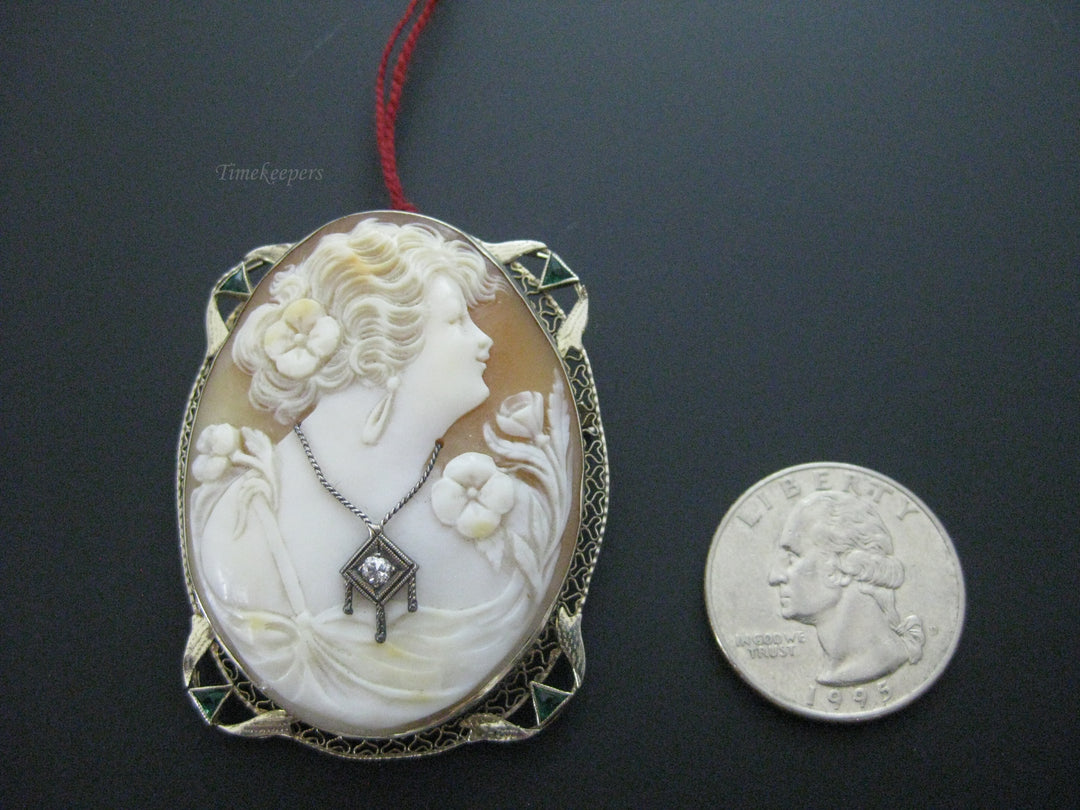 g279 Stunning Vintage 14kt White Gold Cameo Brooch with Emeralds and a Diamond