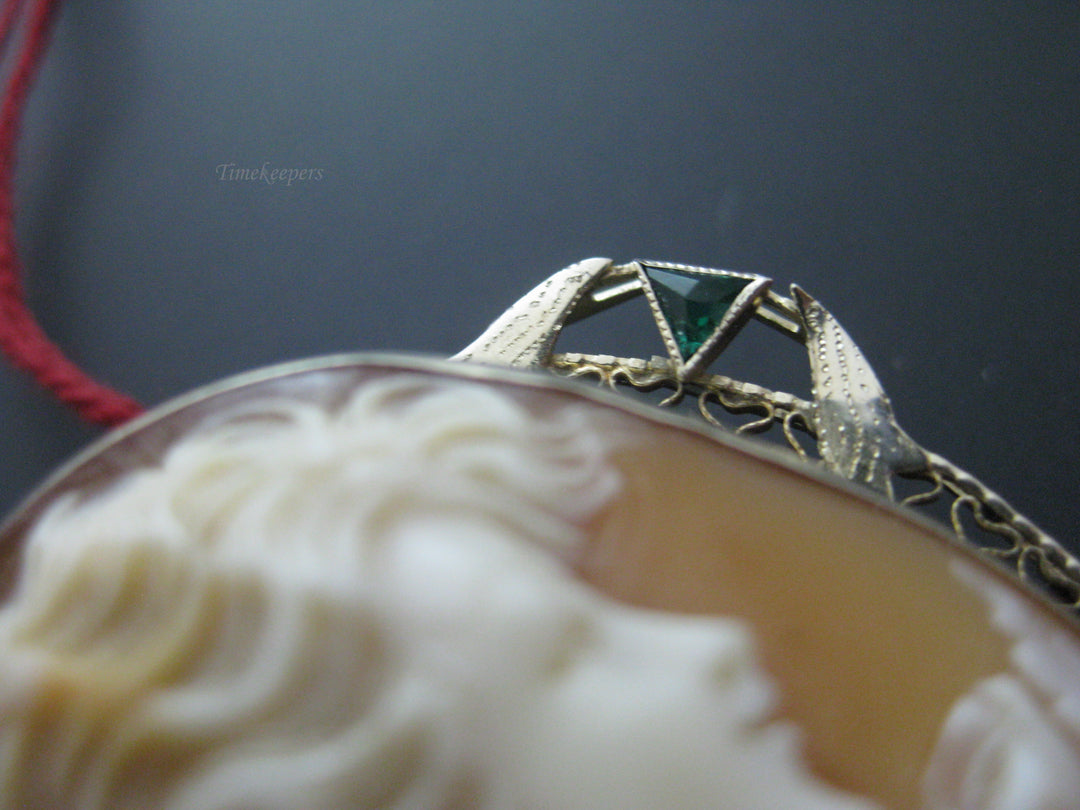 g279 Stunning Vintage 14kt White Gold Cameo Brooch with Emeralds and a Diamond