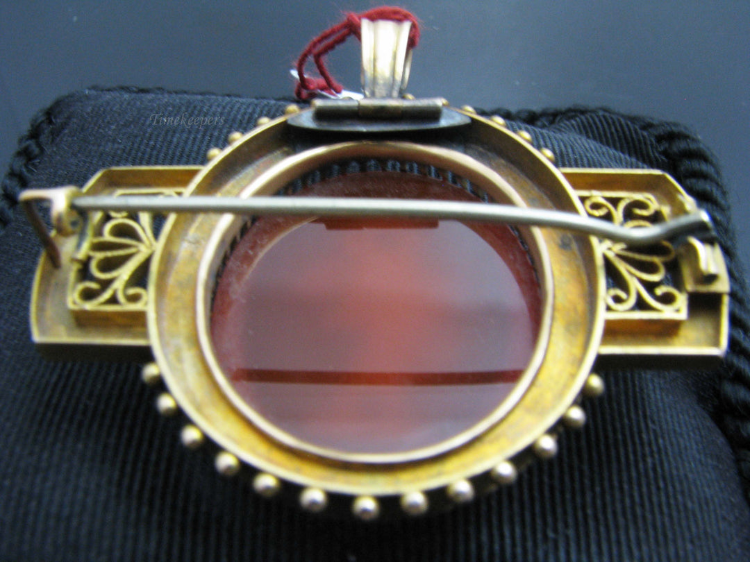 b815 Exquisite Antique 14kt Yellow Gold Carved Carnelian Cameo Brooch/Pendant