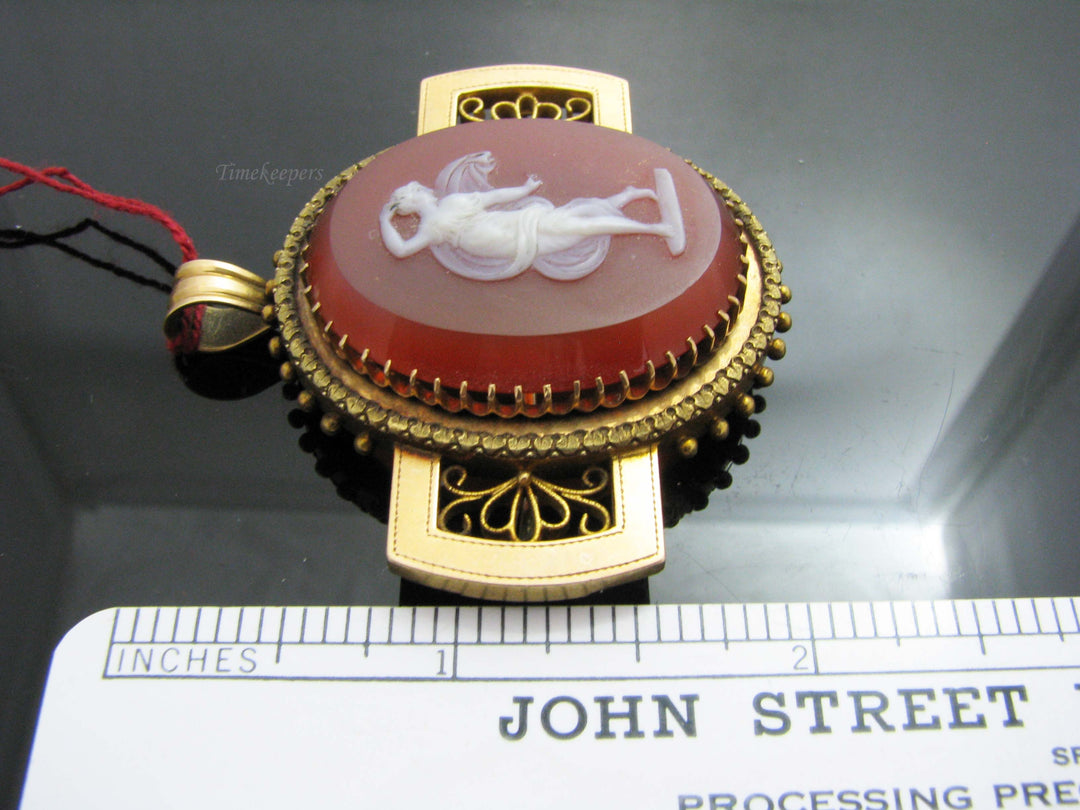 b815 Exquisite Antique 14kt Yellow Gold Carved Carnelian Cameo Brooch/Pendant