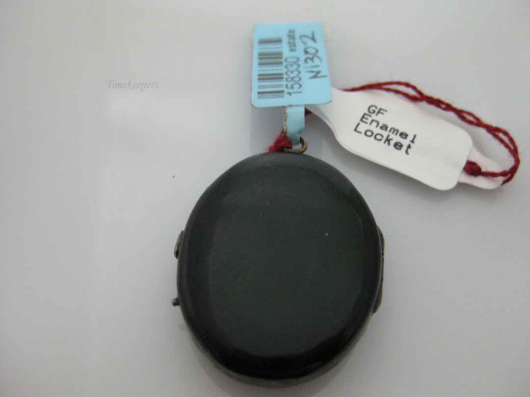 g288 Vintage Black Enameled Memorial Locket w/Old Photo and Hair