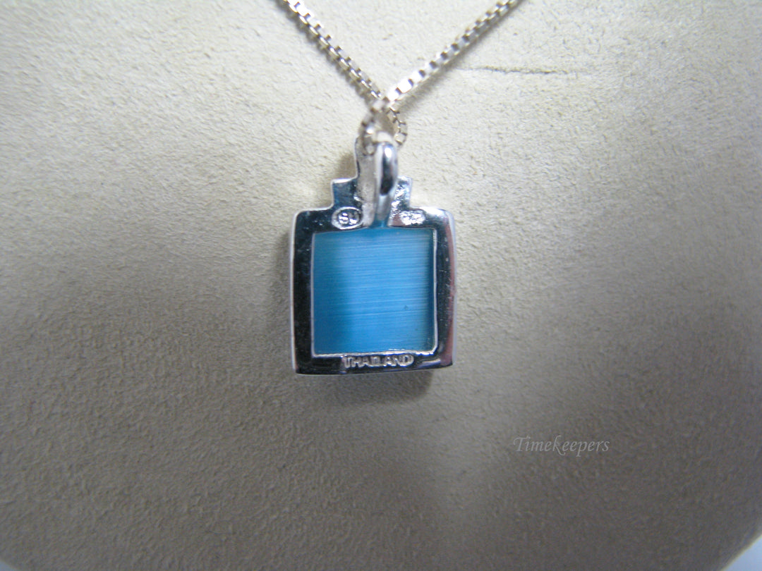 j096 Beautiful Sterling Silver Necklace with Blue Square Pendant 20" Long