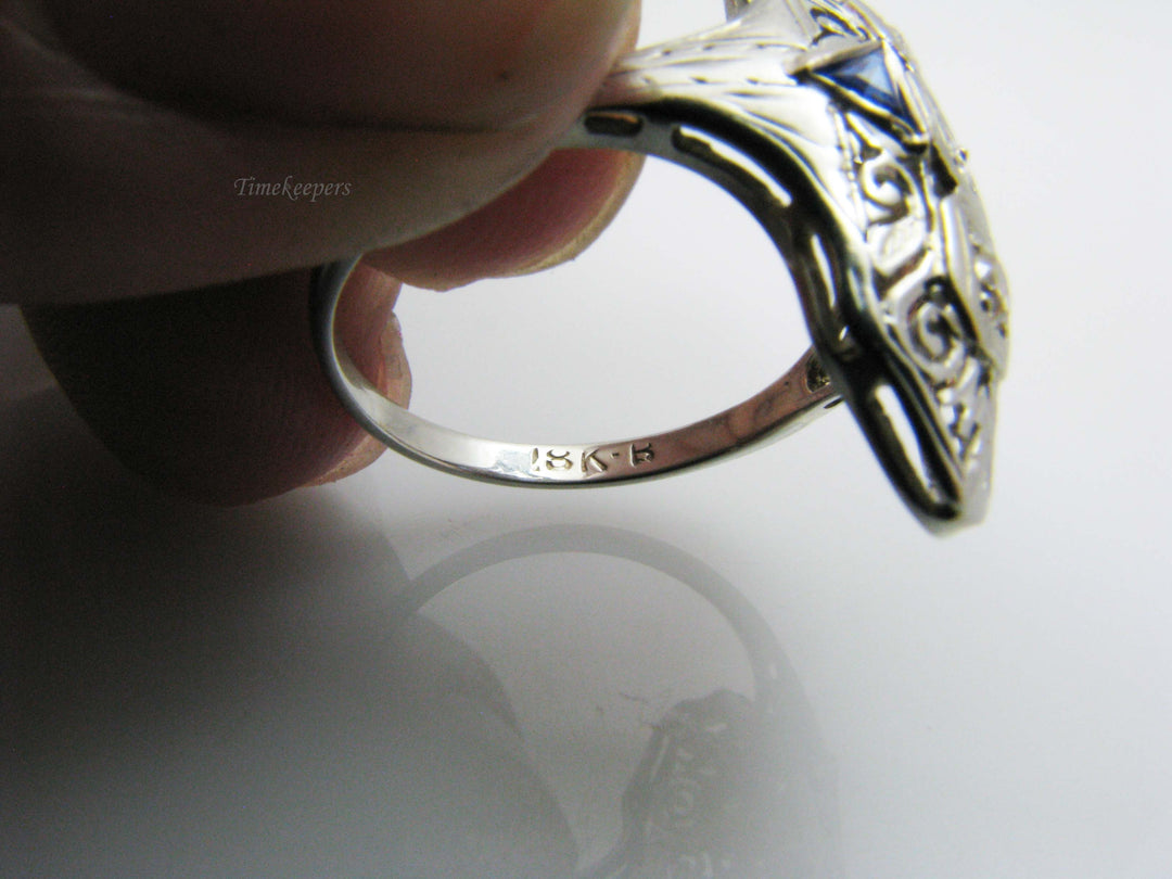 b844 Beautiful Antique 18kt White Gold Diamond and Sapphire Filigree Ring