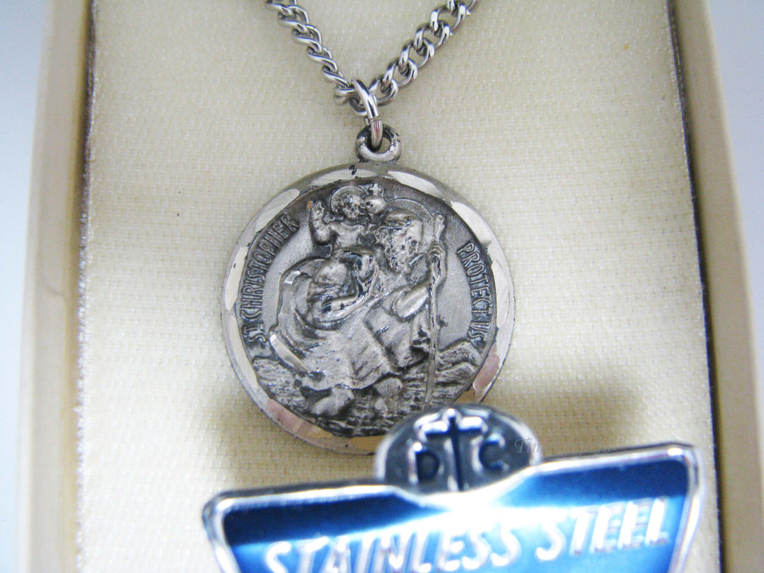 j106 Vintage Sterling Silver St. Christopher Medal Pendant on Stainless Chain