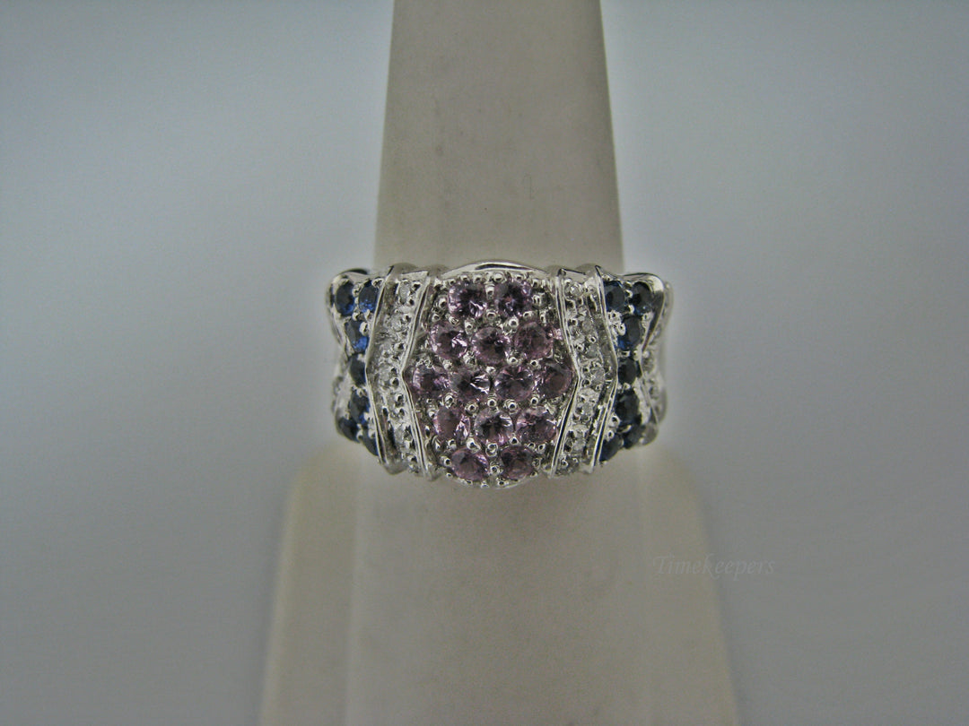 H213 Gorgeous Pink and Blue Sapphire Ring in 14k White Gold with Diamonds