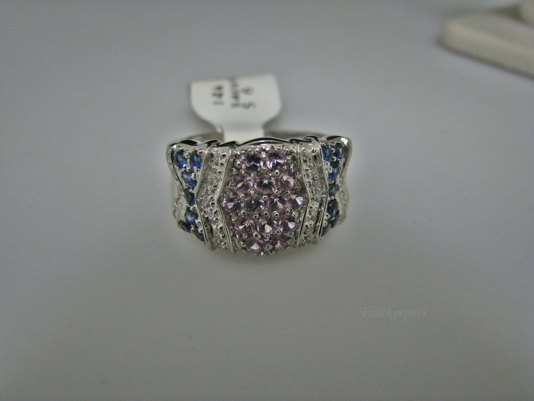 H213 Gorgeous Pink and Blue Sapphire Ring in 14k White Gold with Diamonds