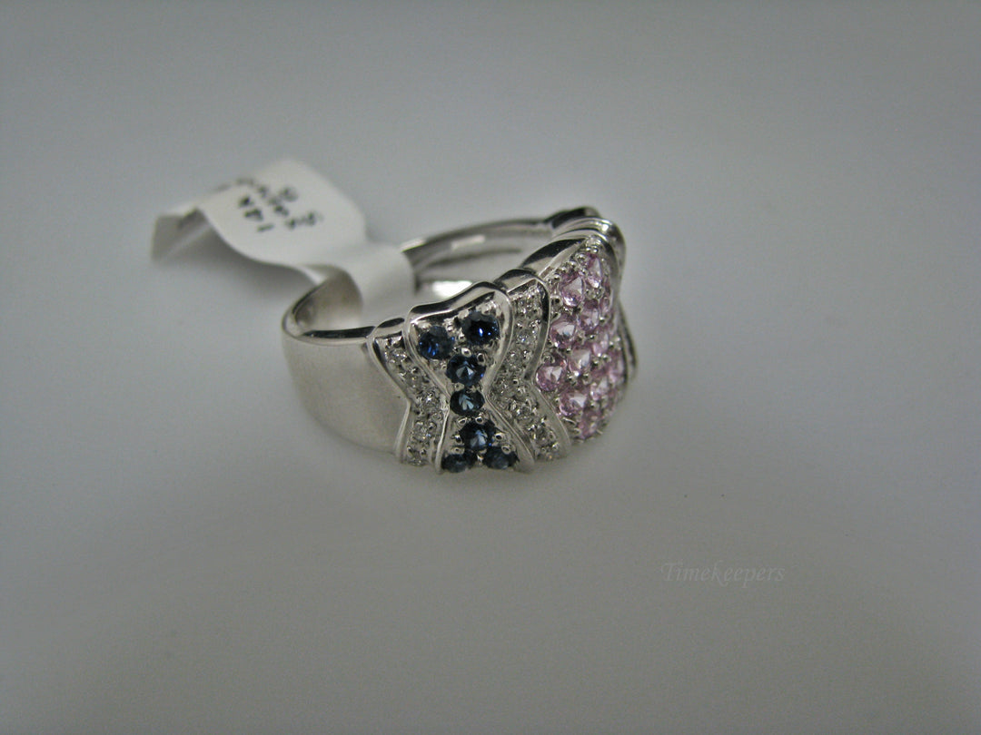 H213 Gorgeous Pink and Blue Sapphire Ring in 14k White Gold with Diamonds