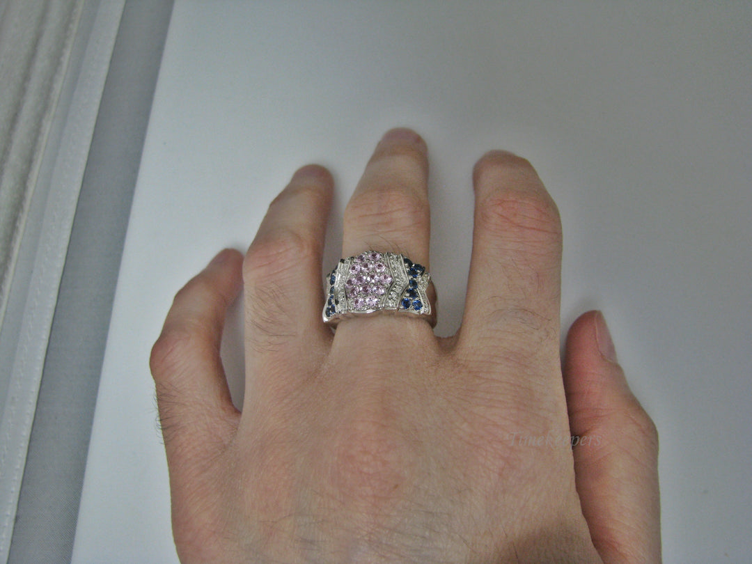 H213 Gorgeous Pink and Blue Sapphire Ring in 14k White Gold with Diamonds