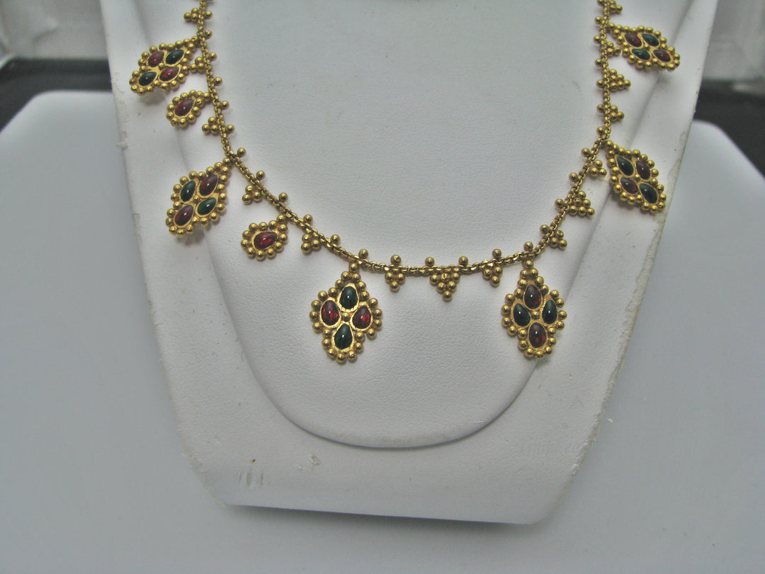 H269 Stunning 22k Yellow Gold Set of Green and Red Stone Necklace with Earrings
