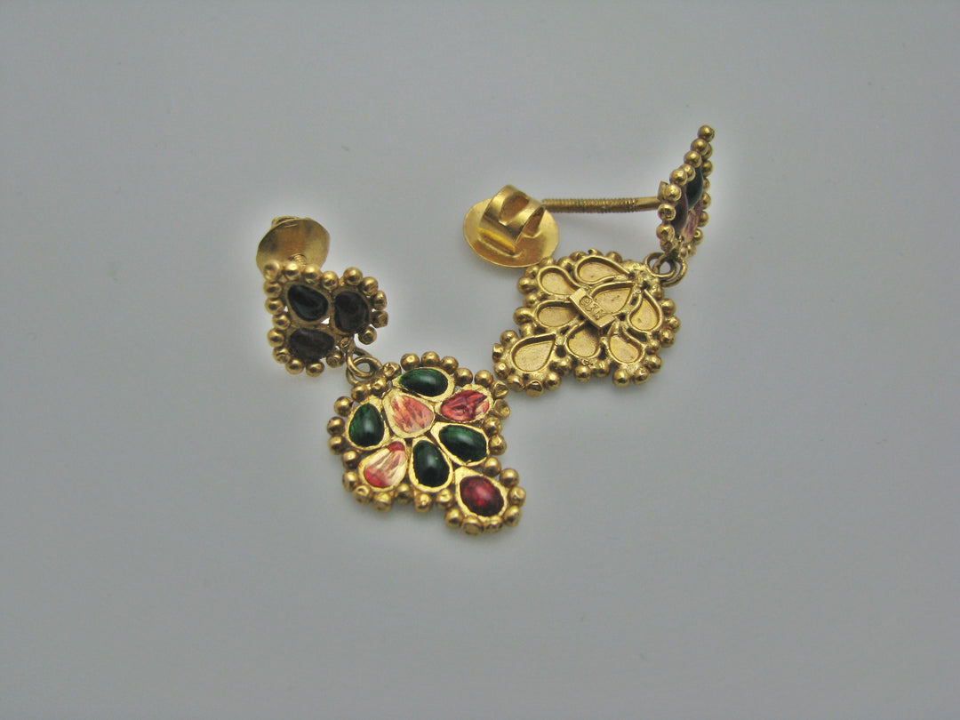 H269 Stunning 22k Yellow Gold Set of Green and Red Stone Necklace with Earrings