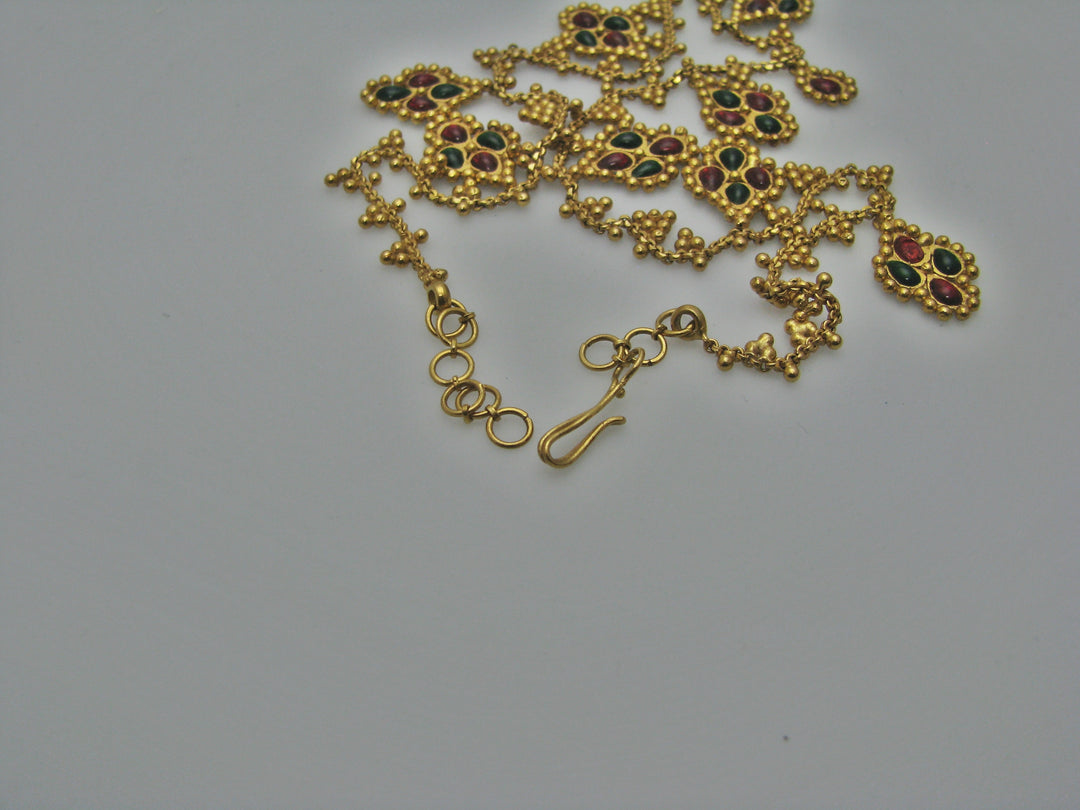 H269 Stunning 22k Yellow Gold Set of Green and Red Stone Necklace with Earrings