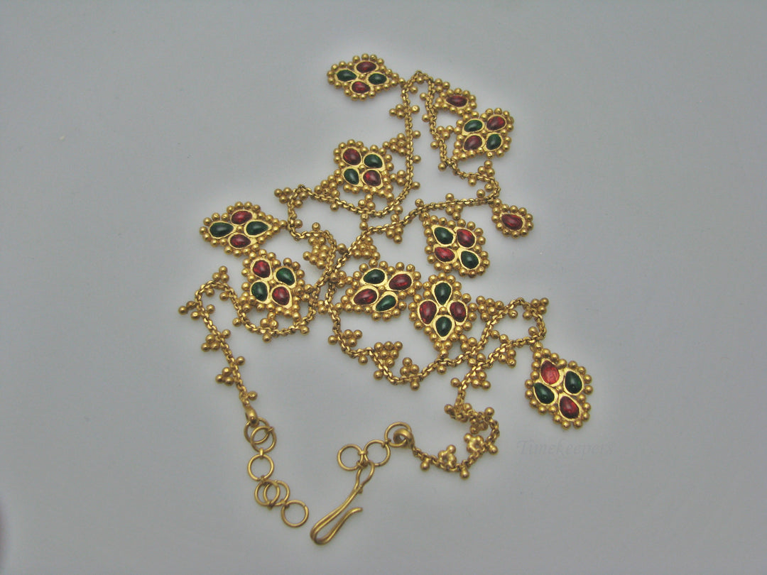 H269 Stunning 22k Yellow Gold Set of Green and Red Stone Necklace with Earrings