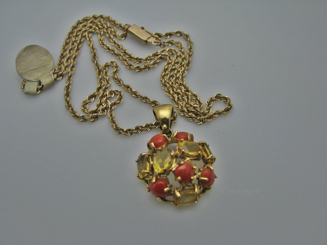 H274 Stunning 18k YG Coral and Citrine Pendant on 24" 14k Yellow Gold Chain