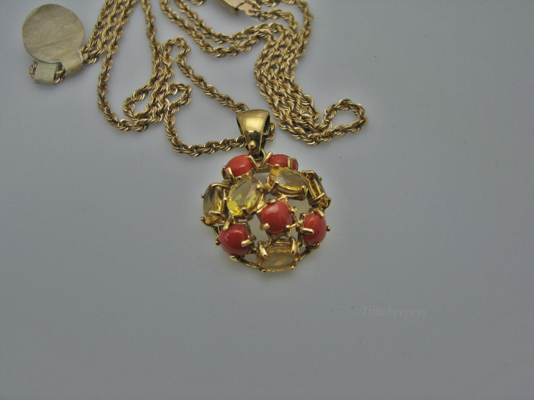 H274 Stunning 18k YG Coral and Citrine Pendant on 24" 14k Yellow Gold Chain