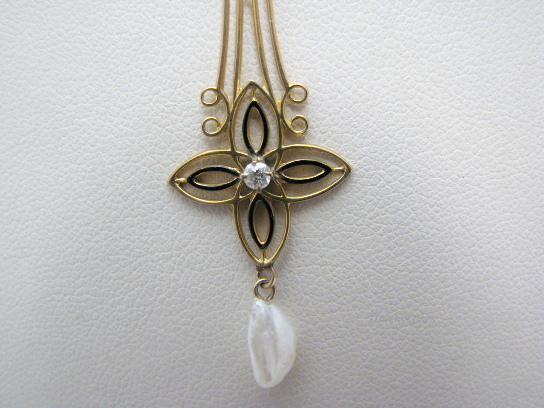 j173 Beautiful Vintage 10k Yellow Gold Diamond Pearl Pendant on 14k Gold Chain