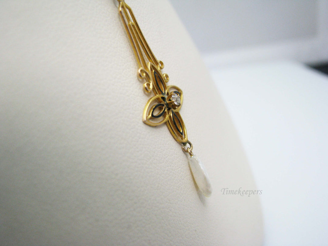 j173 Beautiful Vintage 10k Yellow Gold Diamond Pearl Pendant on 14k Gold Chain