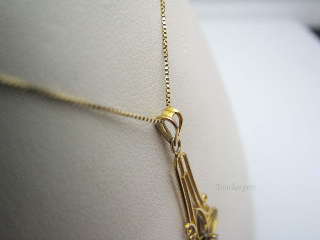 j173 Beautiful Vintage 10k Yellow Gold Diamond Pearl Pendant on 14k Gold Chain