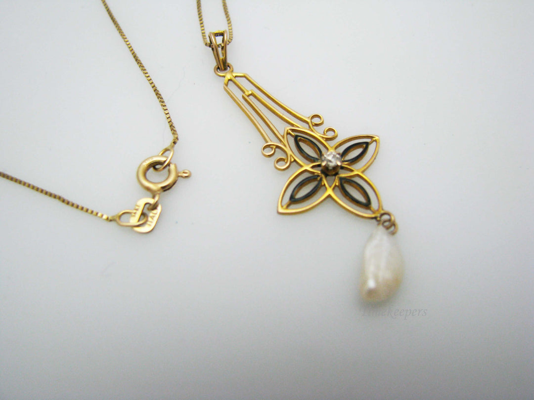 j173 Beautiful Vintage 10k Yellow Gold Diamond Pearl Pendant on 14k Gold Chain