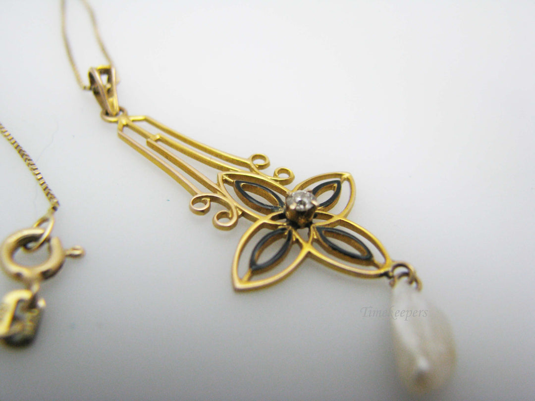 j173 Beautiful Vintage 10k Yellow Gold Diamond Pearl Pendant on 14k Gold Chain