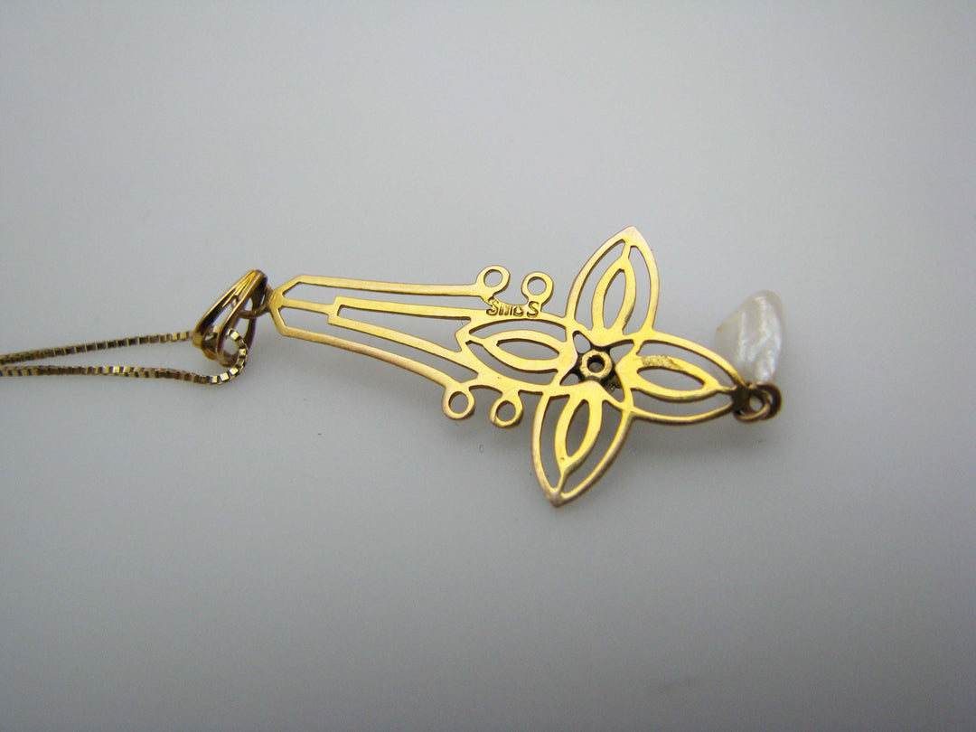 j173 Beautiful Vintage 10k Yellow Gold Diamond Pearl Pendant on 14k Gold Chain