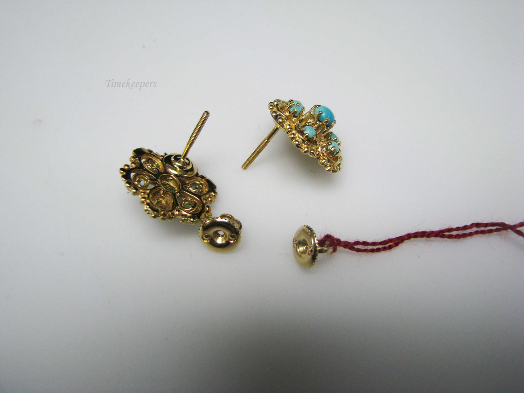 b496 Antique 14kt Yellow Gold Turquoise Earrings