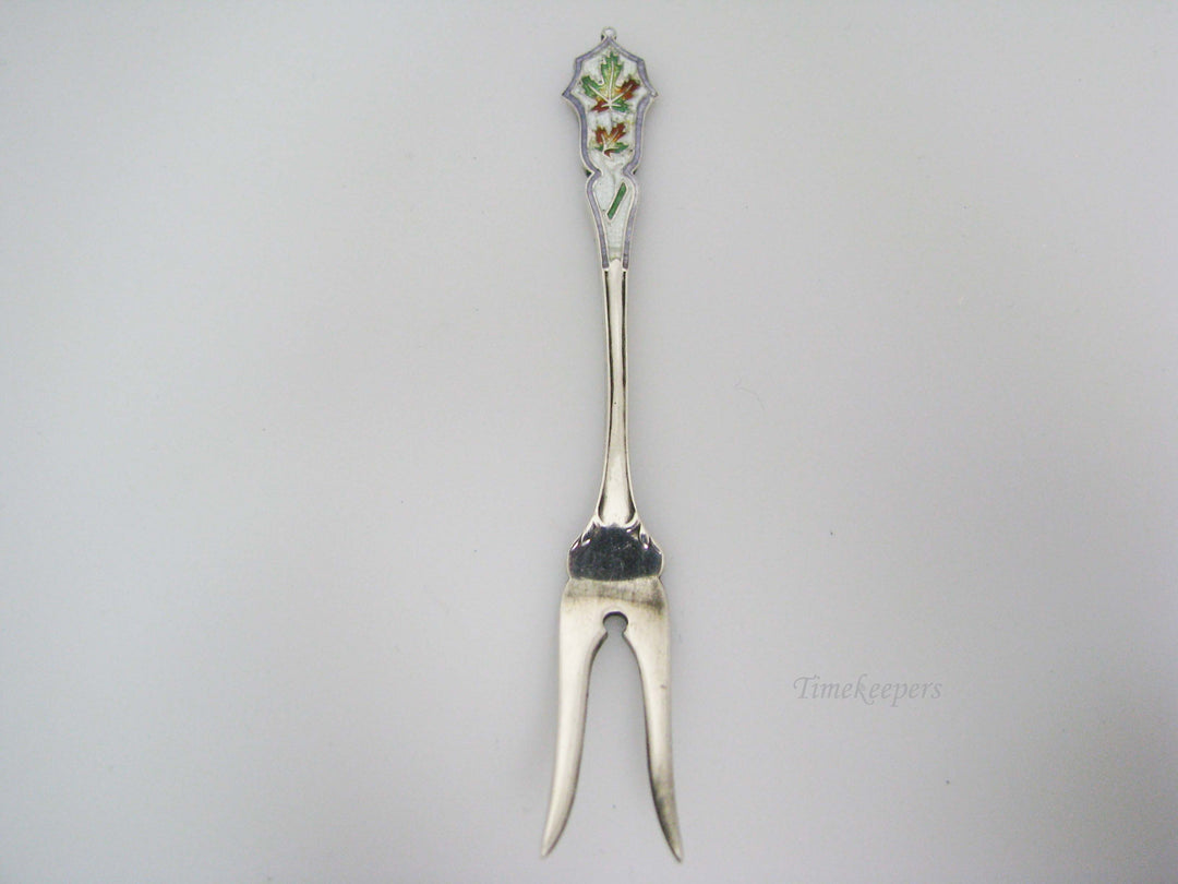 j196 Vintage Collectible Sterling Silver Cocktail Fork with Enamel Maple Leaf