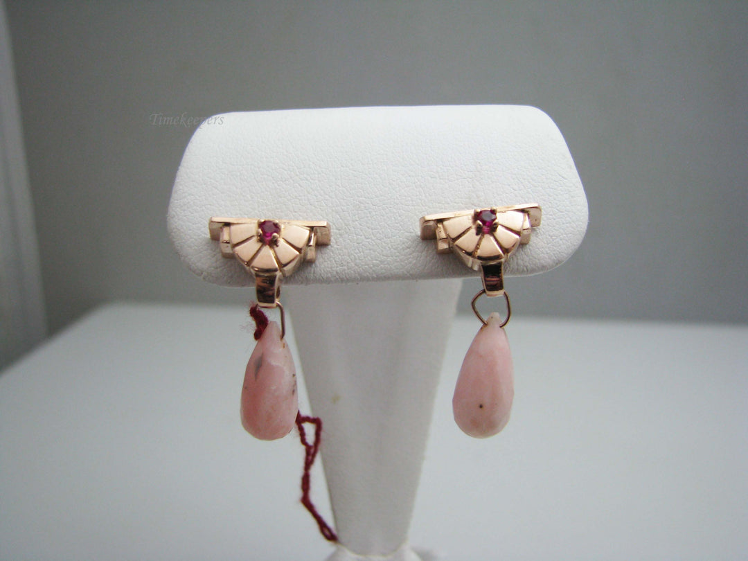 b502 Pretty 14kt Rose Gold Ruby and Pink Opal Drop Earrings
