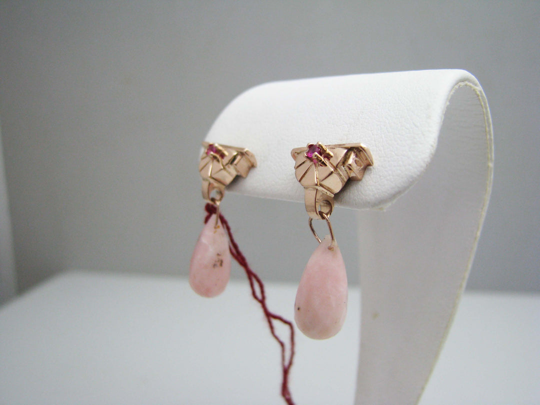b502 Pretty 14kt Rose Gold Ruby and Pink Opal Drop Earrings