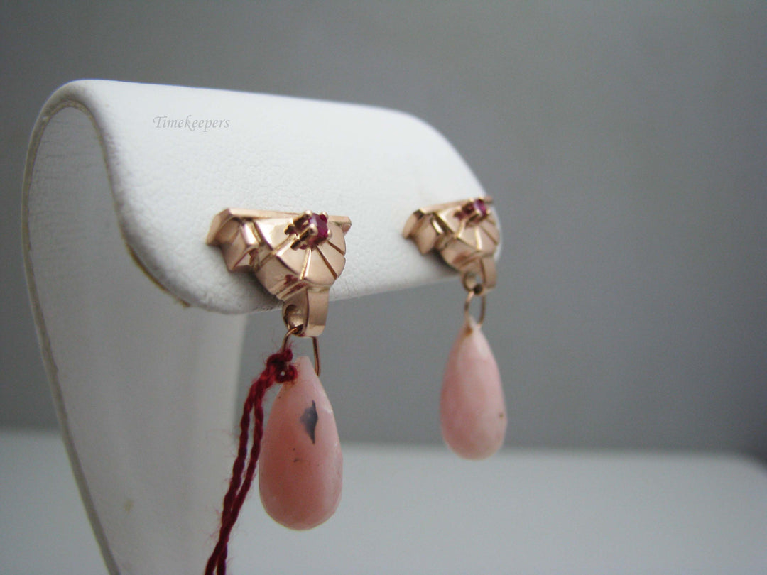 b502 Pretty 14kt Rose Gold Ruby and Pink Opal Drop Earrings