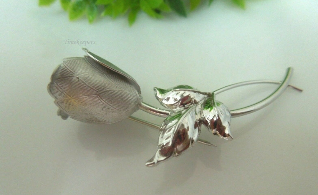 q500 Vintage Sterling Silver Beautiful Tulip Flower Leaf Brooch Pin
