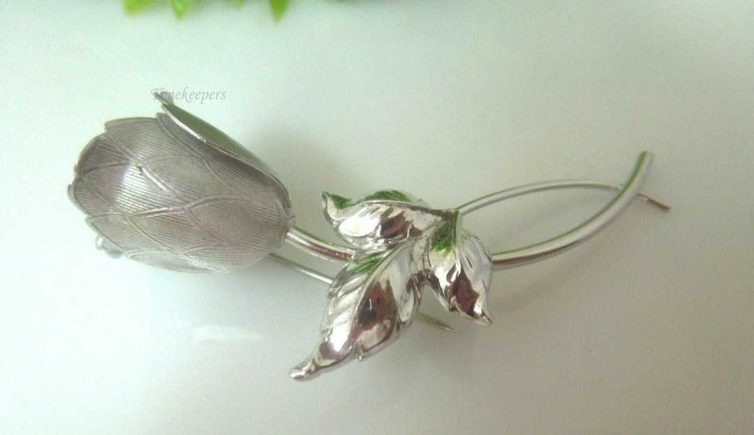 q500 Vintage Sterling Silver Beautiful Tulip Flower Leaf Brooch Pin