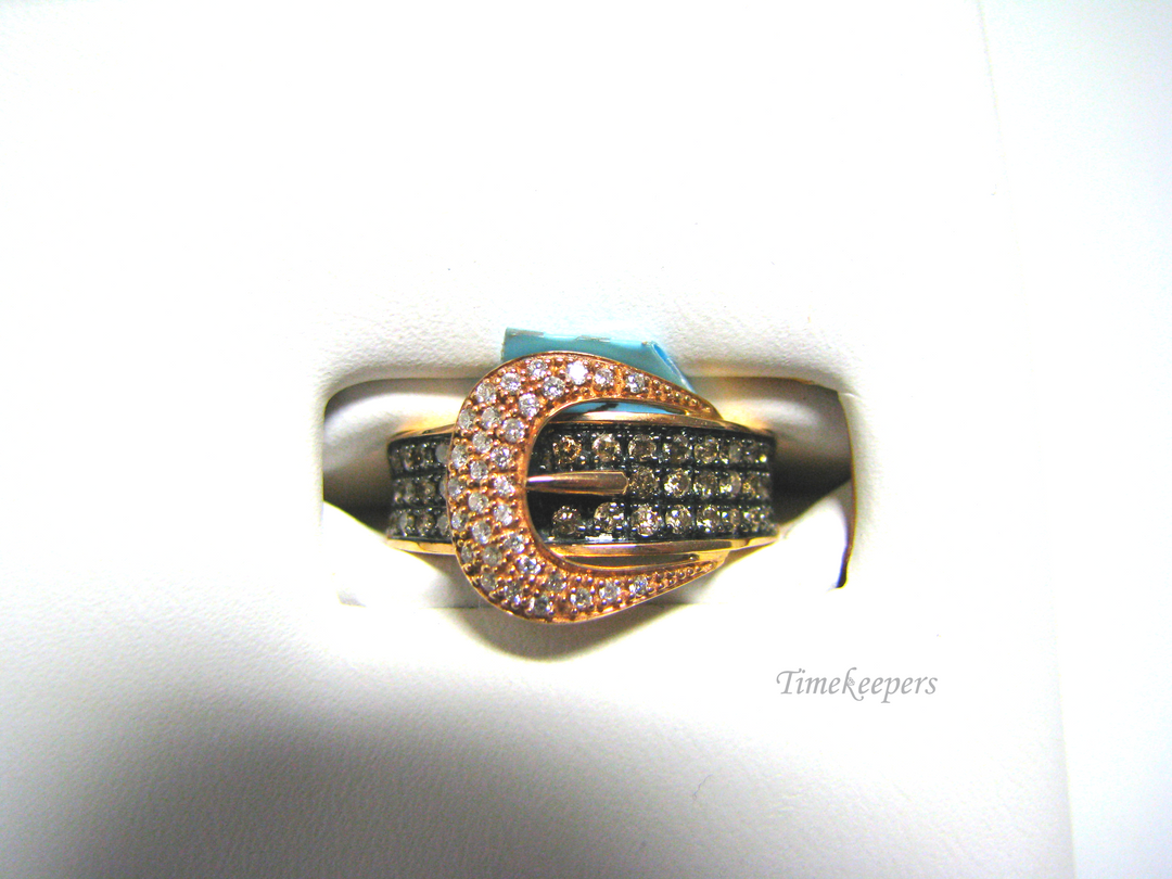 H033 Stunning 14k Rose Gold White and Black Diamonds Buckle Ring