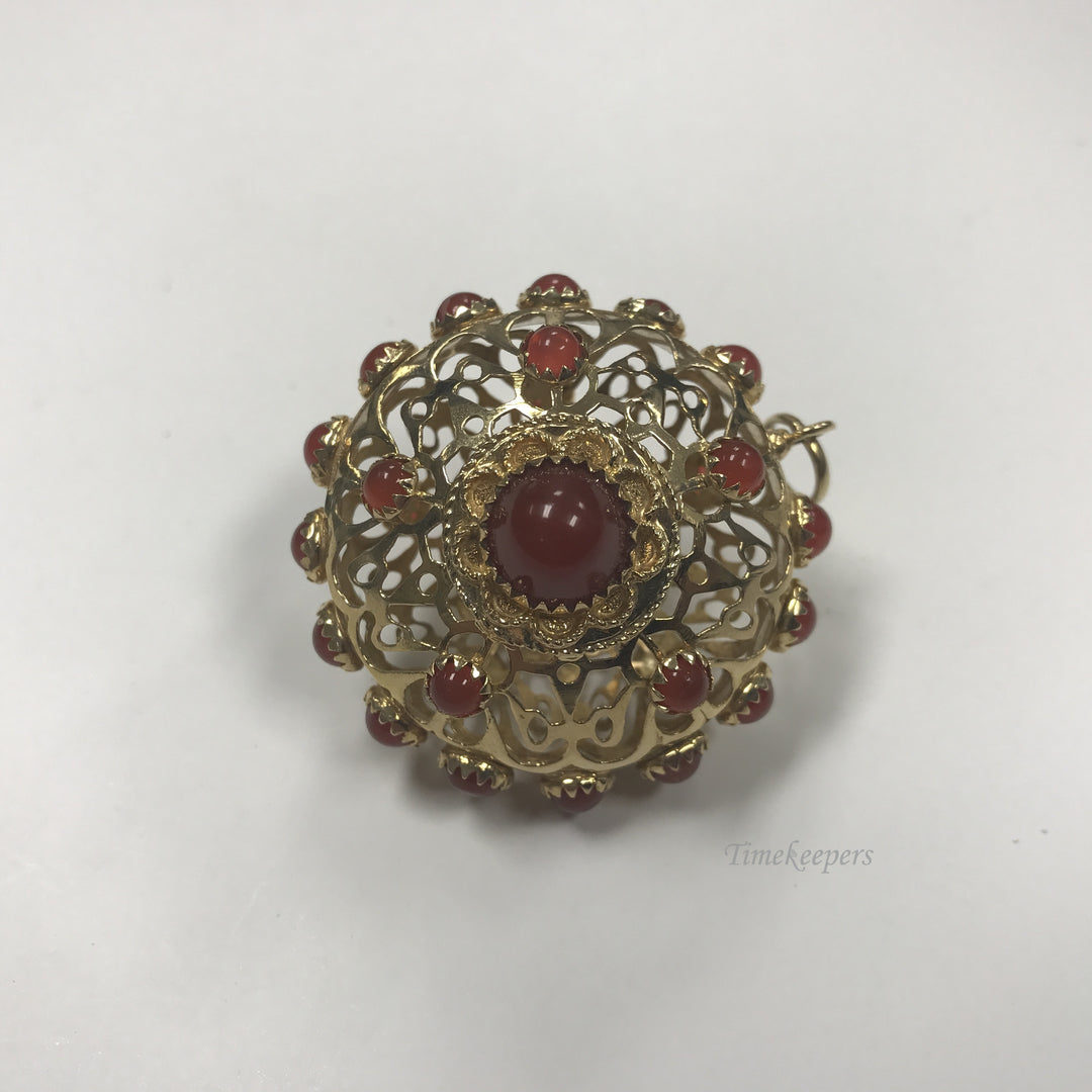 d085 Vintage Stunning 14k Yellow Gold Disc Shaped Filigree Pendant Carnelian