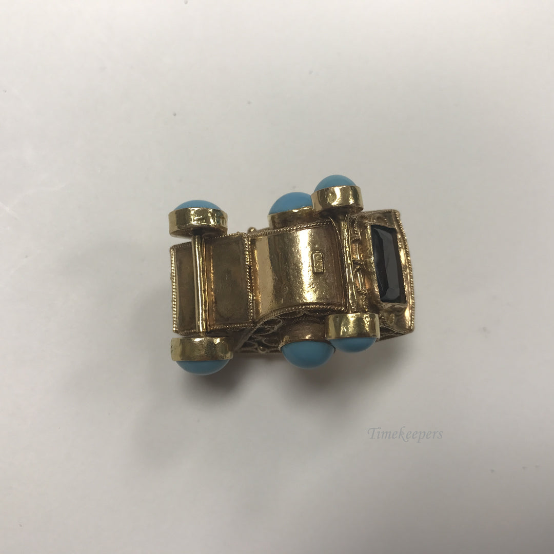 d086 Vintage Stunning 14k Yellow Gold Carriage Filigree Pendant Turquoise Garnet