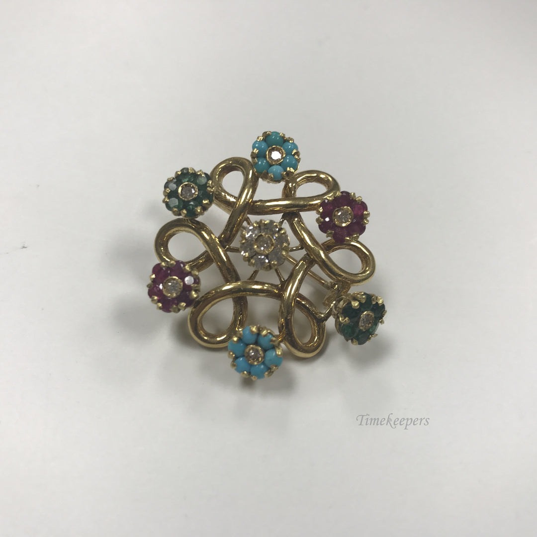 d090 Antique 18k Yellow Gold Flower Brooch Emerald Ruby Sapphire Turquoise Stone