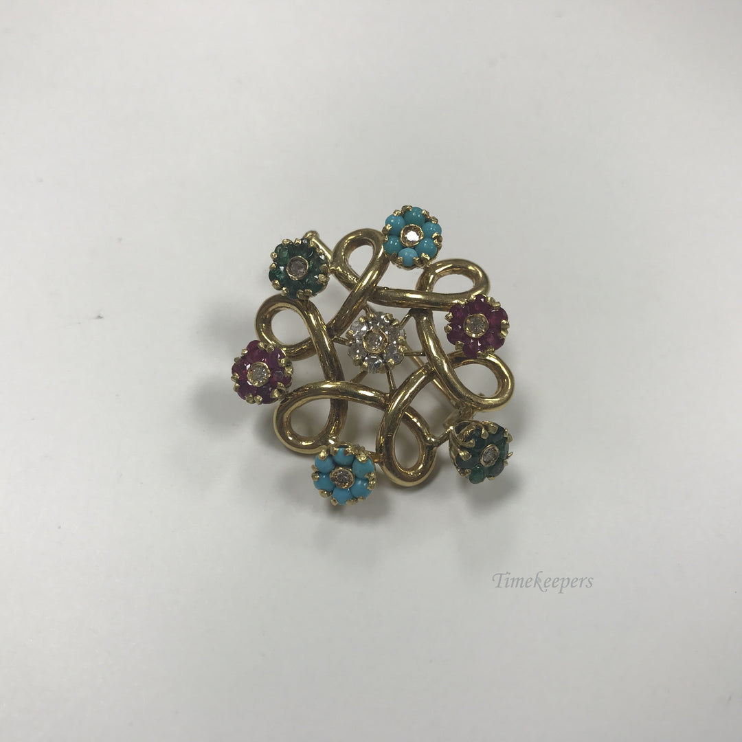 d090 Antique 18k Yellow Gold Flower Brooch Emerald Ruby Sapphire Turquoise Stone