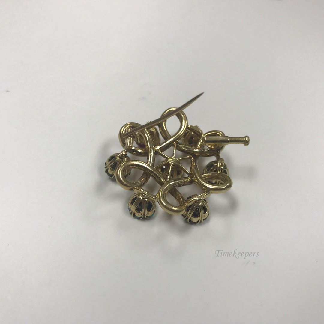 d090 Antique 18k Yellow Gold Flower Brooch Emerald Ruby Sapphire Turquoise Stone
