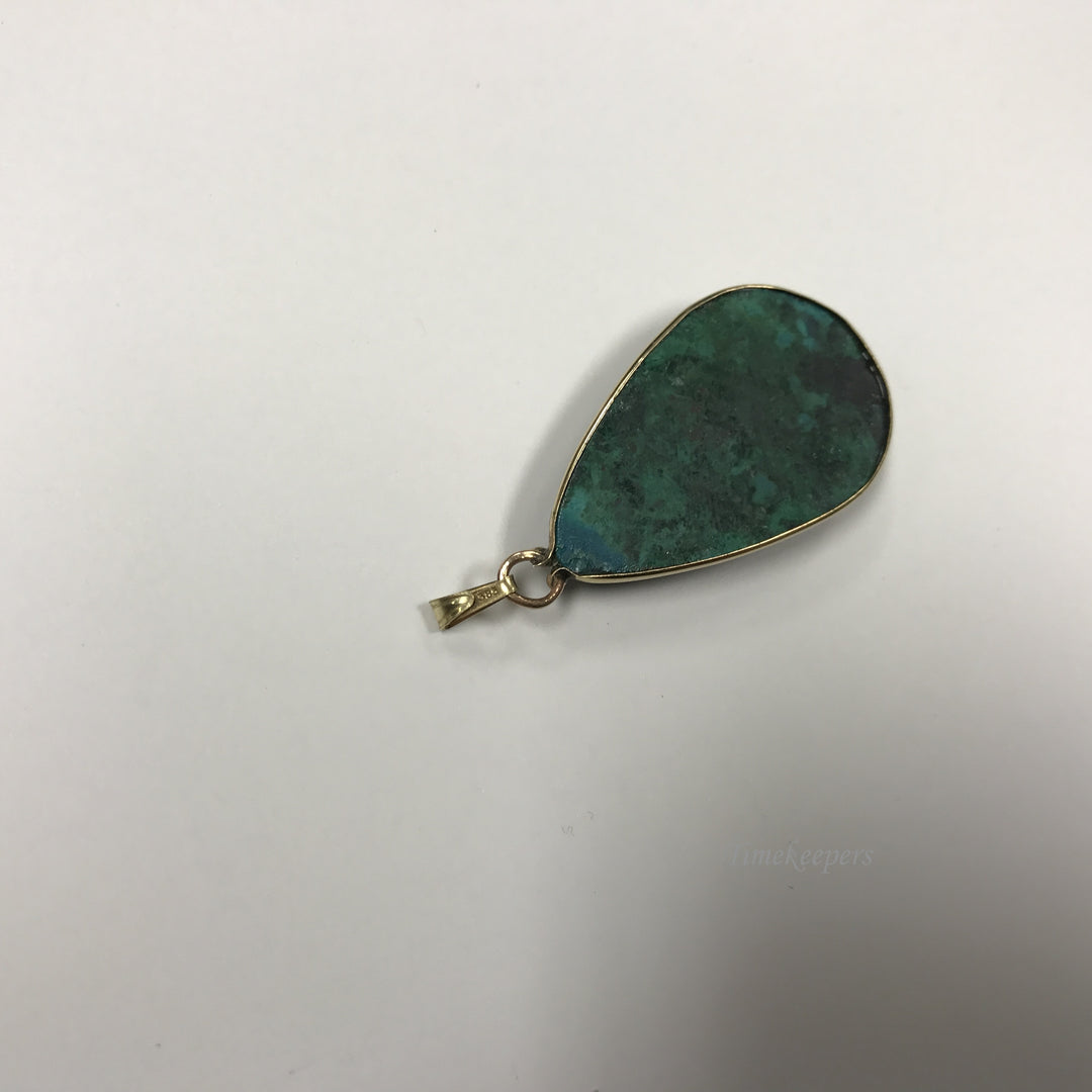 d170 Vintage Original 14K Yellow Gold Pear Shaped Chrysocolla Pendant