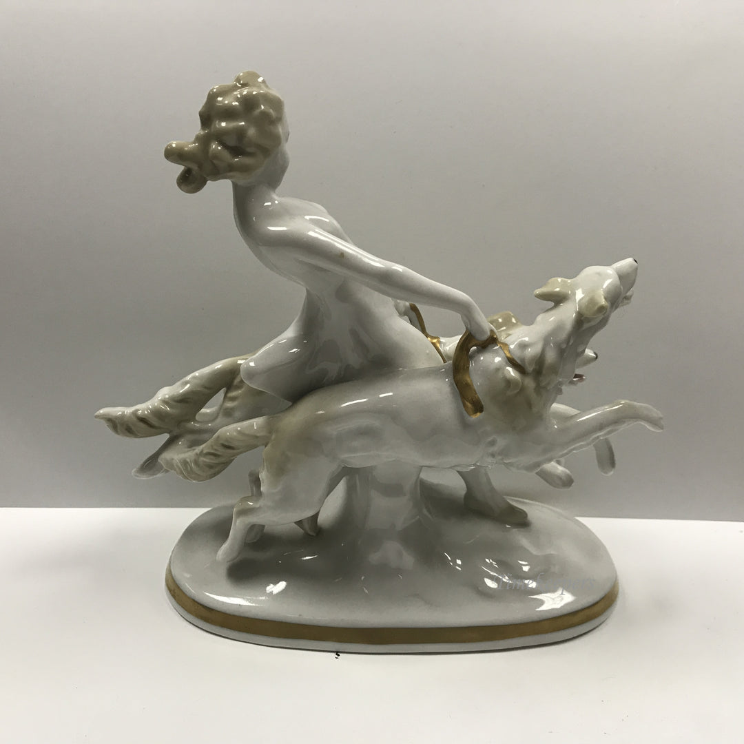 d200 Antique Original Porcelain Girl with Two Hunting Dogs Figurine Germany Made