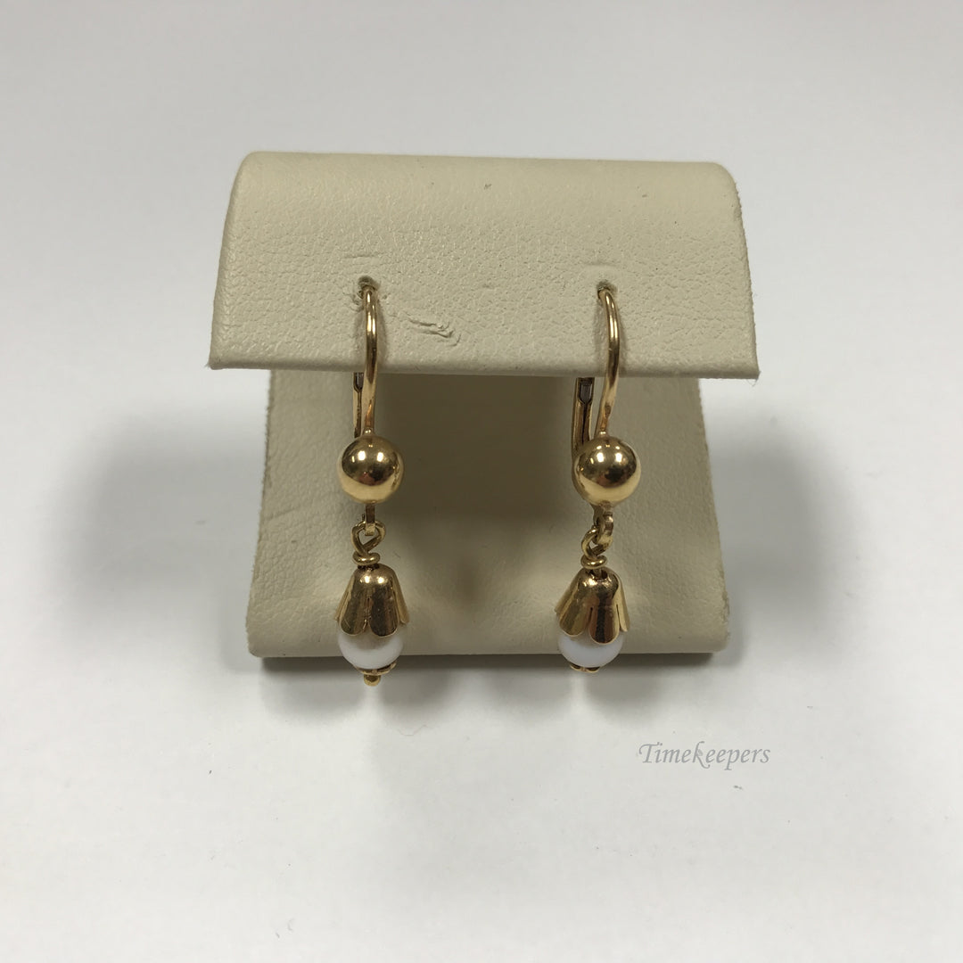 d232 Vintage Original 18K Yellow Gold Pearl Bead Drop Pierced Women's Earrings