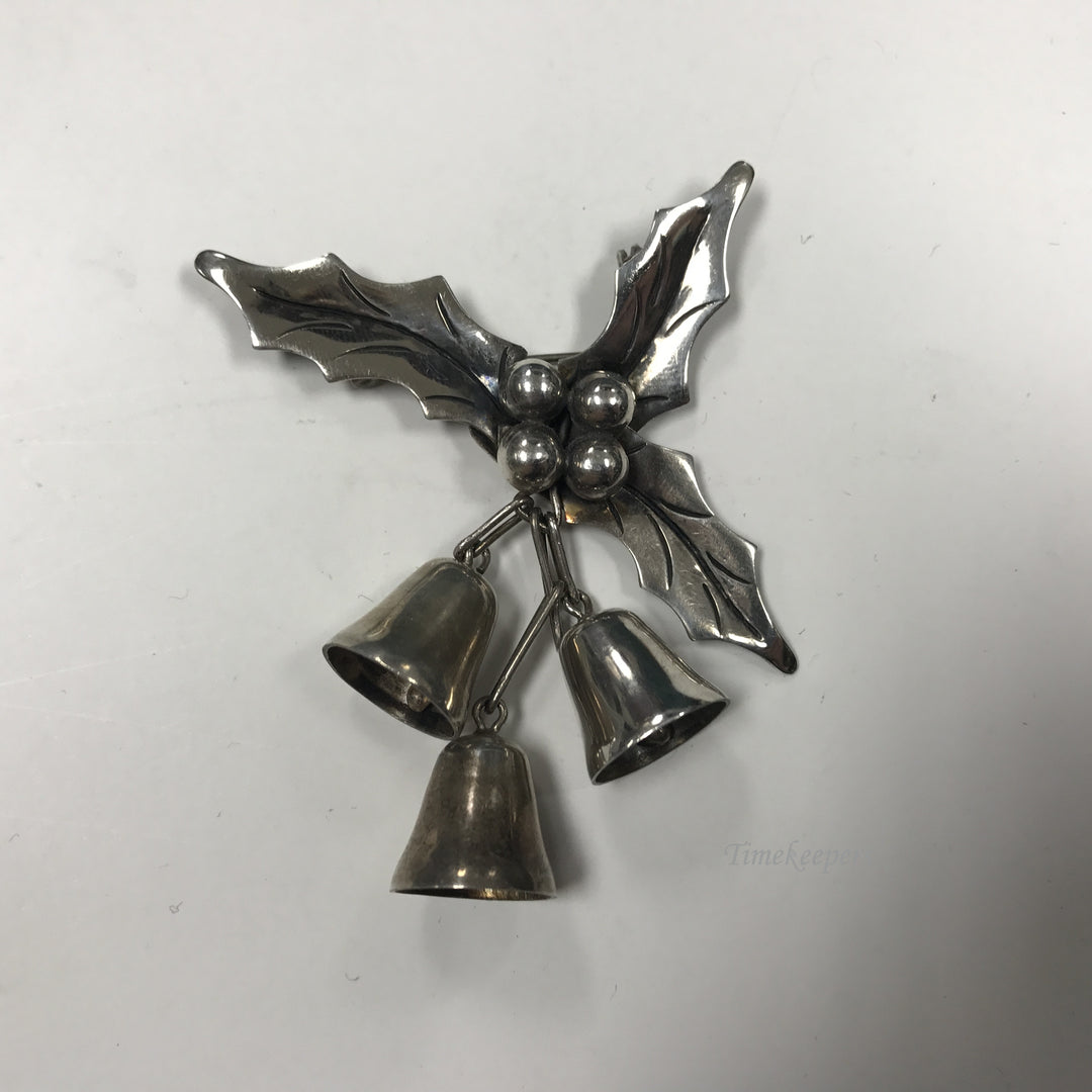 d268 Vintage Sterling Silver Holly Leaves 3 Bells Women's Brooch Pin Taxco 925