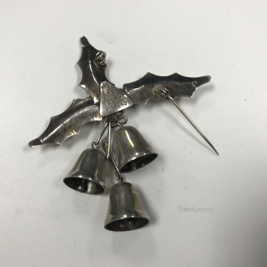 d268 Vintage Sterling Silver Holly Leaves 3 Bells Women's Brooch Pin Taxco 925