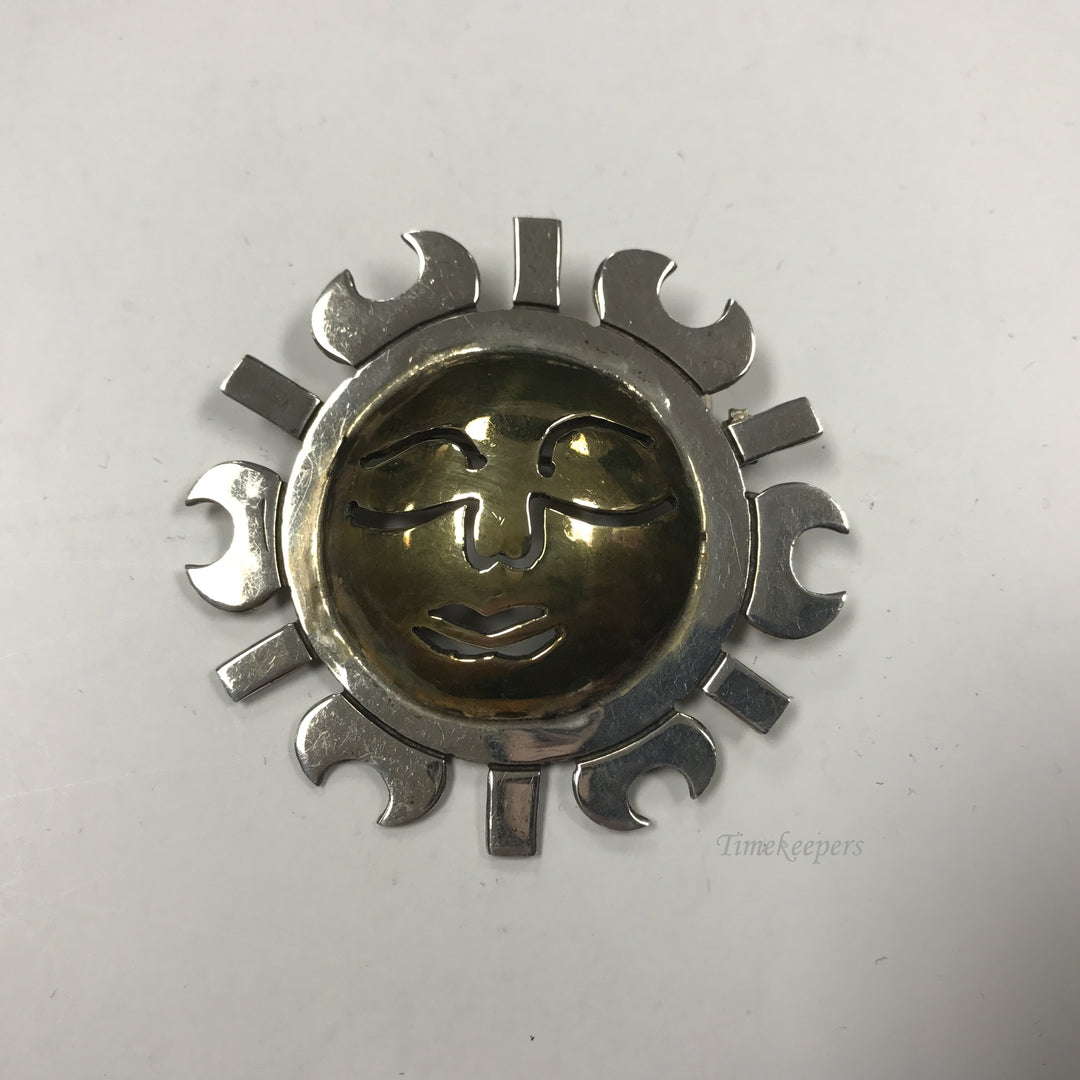 d270 Vintage Sterling Silver Smiling Sun Unisex Brooch Pin Mexico 925