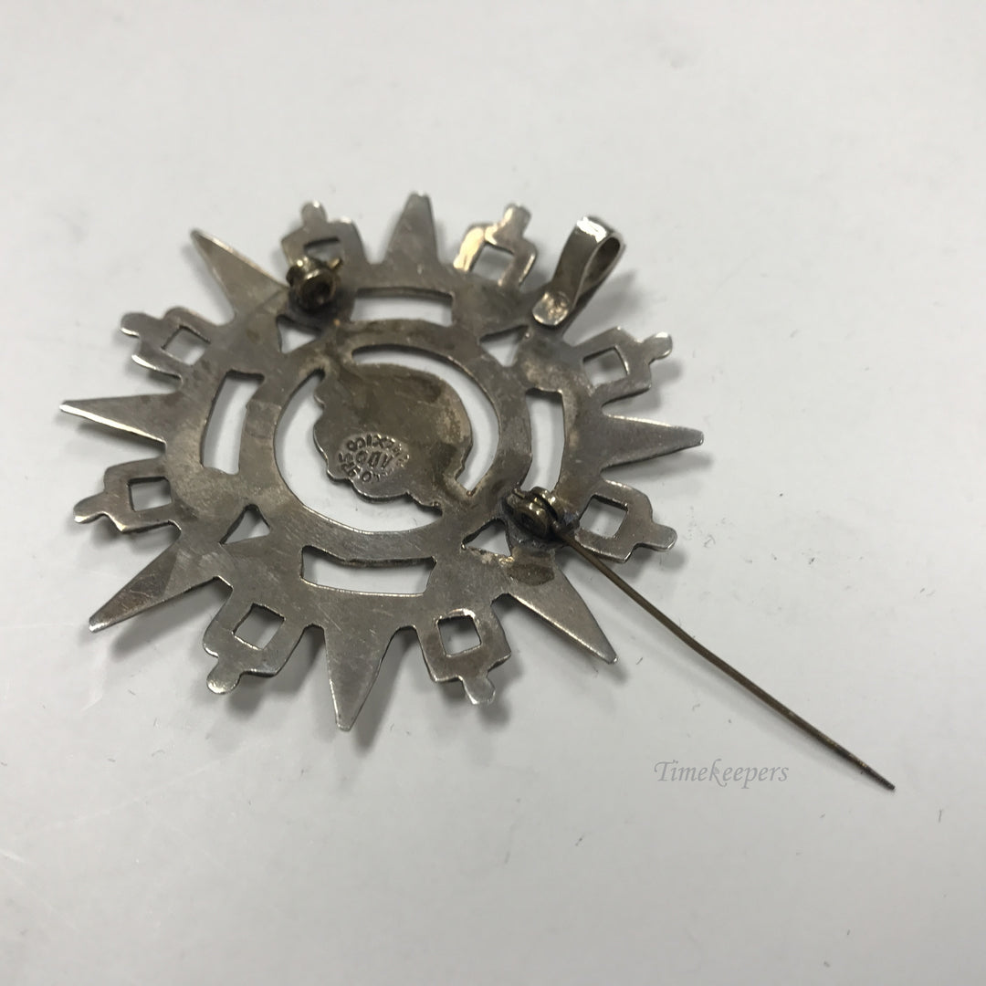 d273 Vintage Sterling Silver Mayan Calendar Circle Pendant Brooch Pin Mexico 925