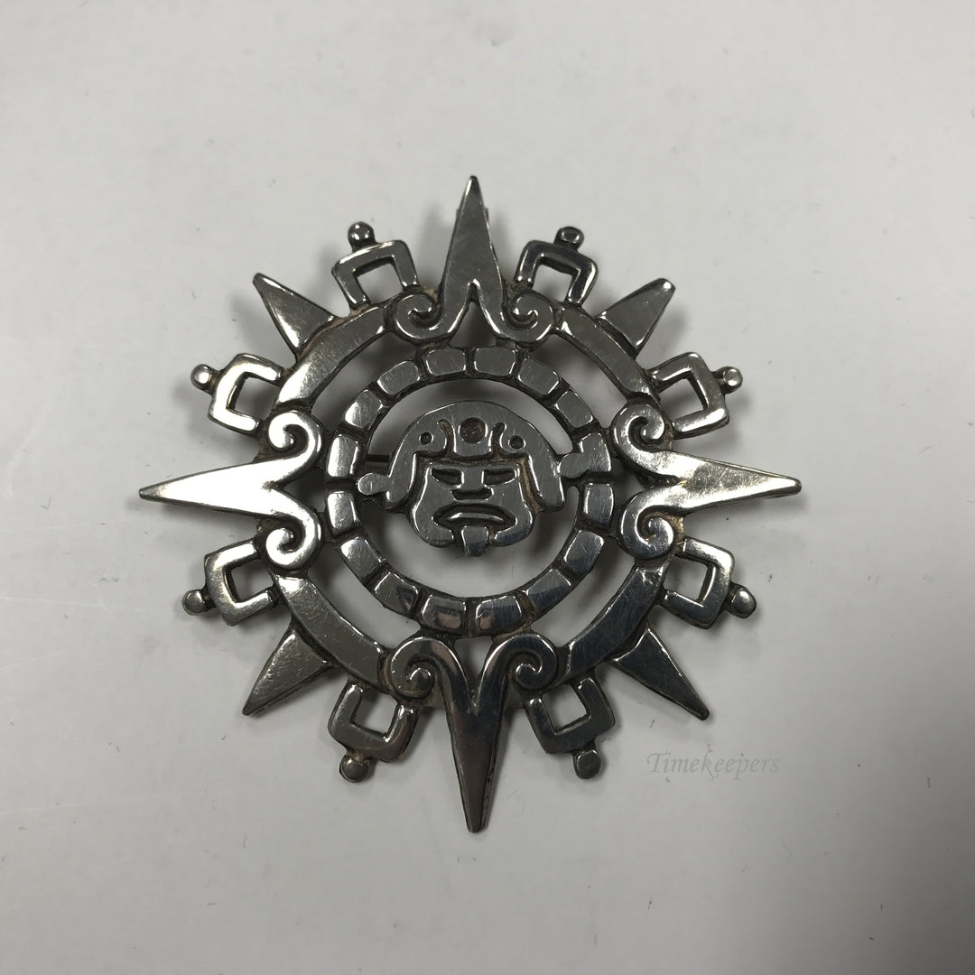 d273 Vintage Sterling Silver Mayan Calendar Circle Pendant Brooch Pin Mexico 925