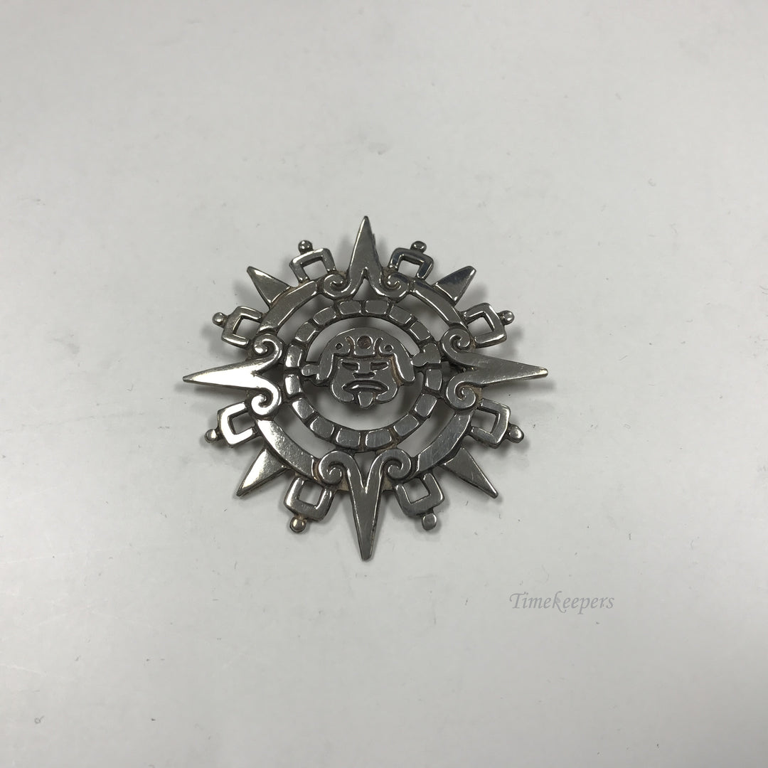 d273 Vintage Sterling Silver Mayan Calendar Circle Pendant Brooch Pin Mexico 925