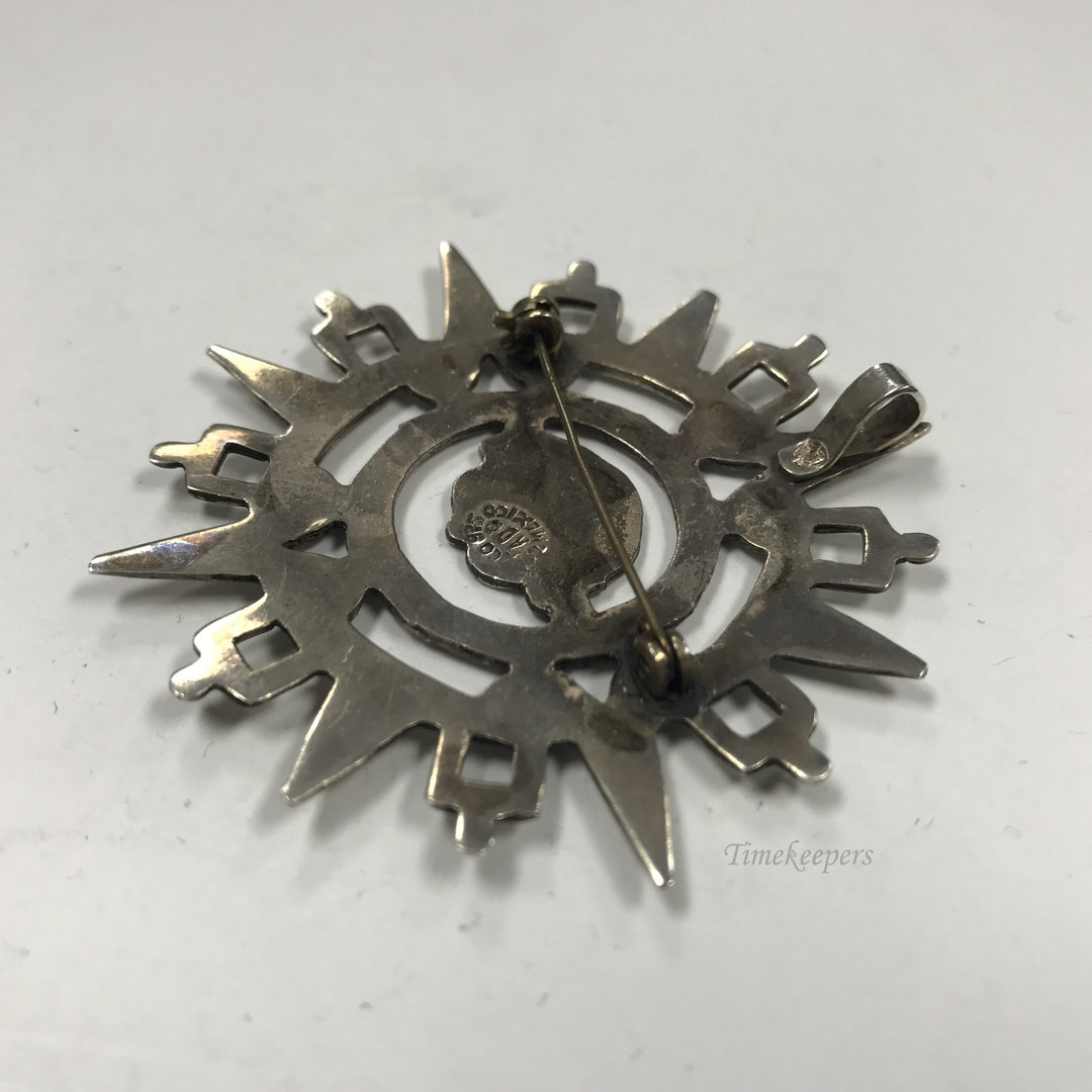 d273 Vintage Sterling Silver Mayan Calendar Circle Pendant Brooch Pin Mexico 925