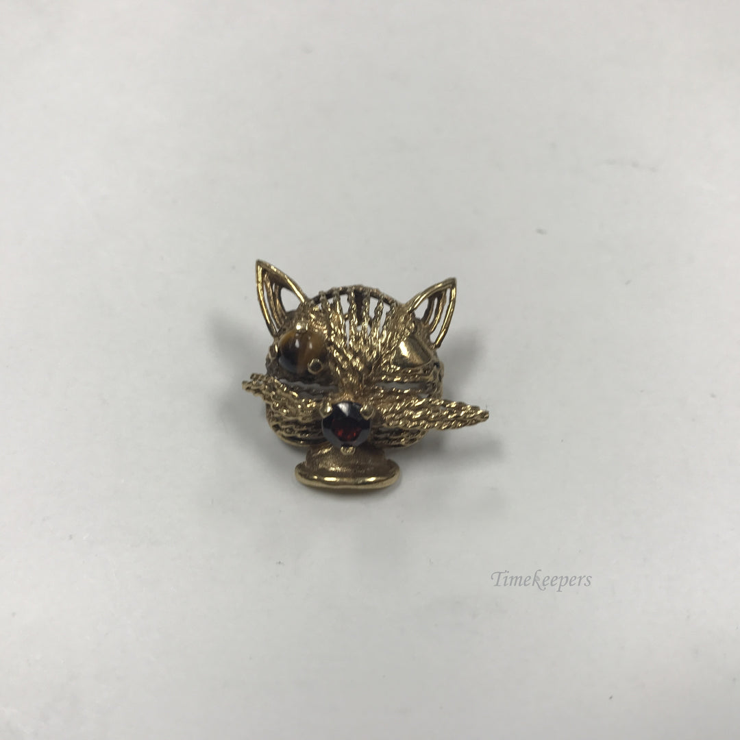 d397 Vintage Original 14K Yellow Gold Charm Pendant Brooch Cat Tiger Eye Garnet
